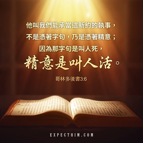 他叫我們能承當這新約的執事，不是憑著字句，乃是憑著精意；因為那字句是叫人死，精意（或作：聖靈）是叫人活。
