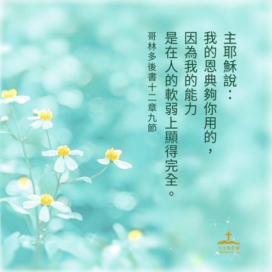 他對我說:「我的恩典夠你用的,因為我的能力是在人的軟弱上顯得完全。」(林後12:9)