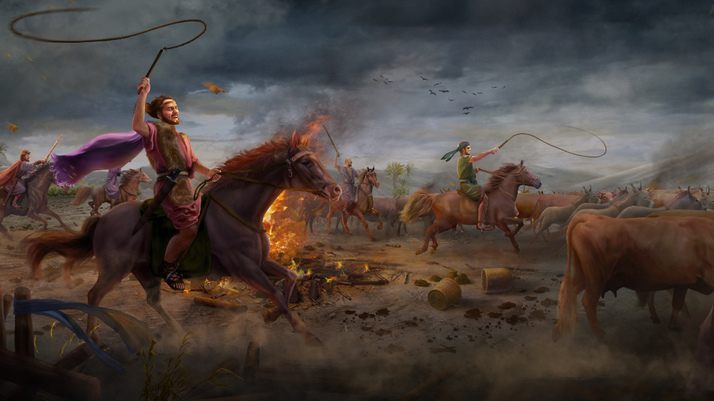 撒但首次試探約伯(牲畜被擄,兒女遭災)